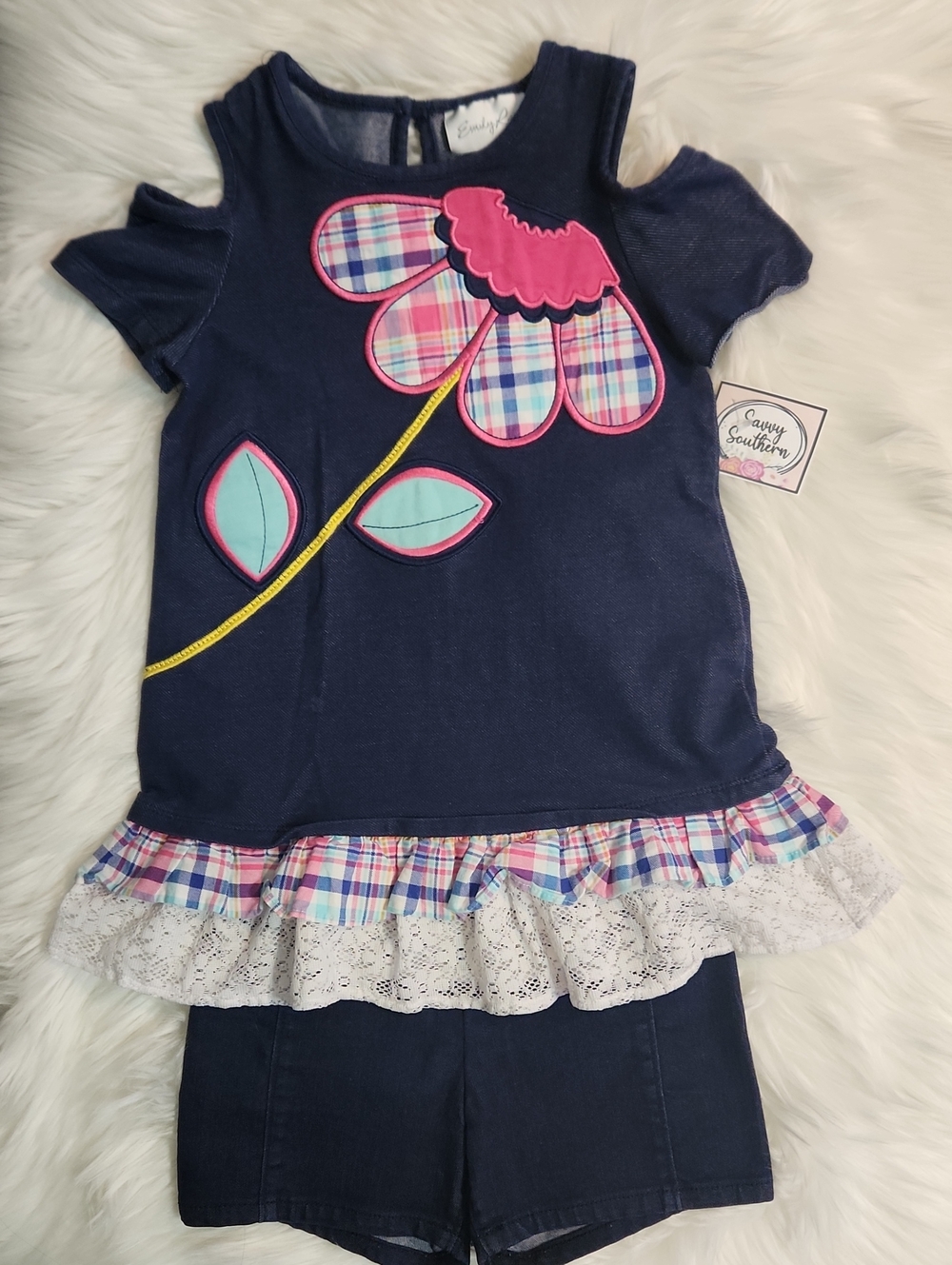 Navy Floral & Lace Top & Shorts Set - Girls Size 7 - Brand: Emily Rose